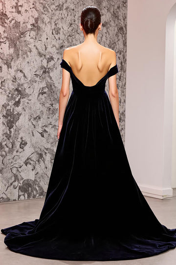 Black Off The Shoulder A Line Open Back Evening Dress